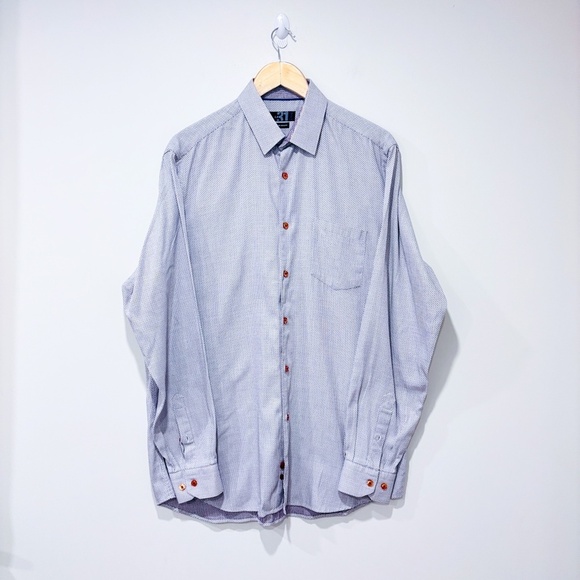 SIMONS Navy and red polka dot semi-fitted button down shirt - Picture 1 of 7